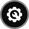 White gear and wrench icon on black background.