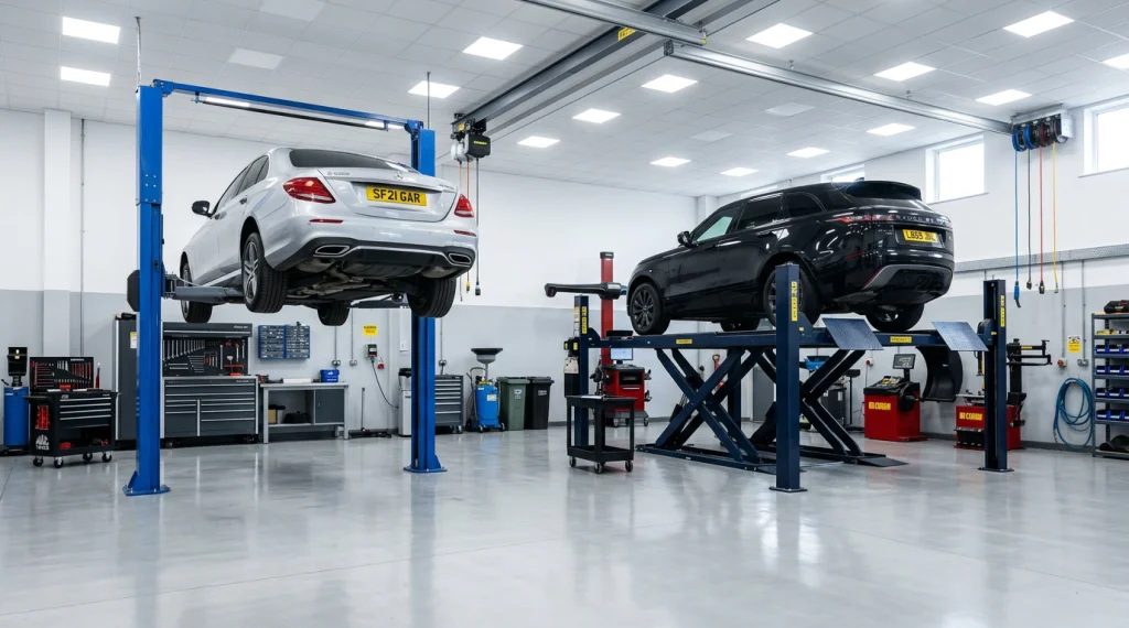 Two cars on lifts in a garage.