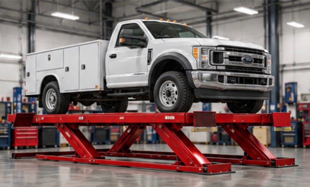 White truck on red hydraulic lift in garage.